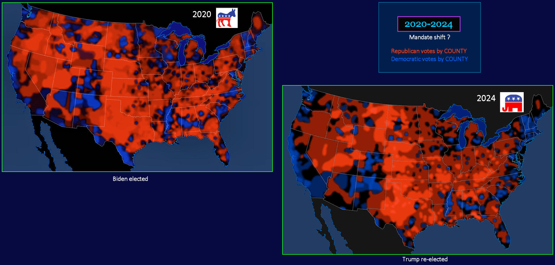 2020, 2024 election results by county, maps